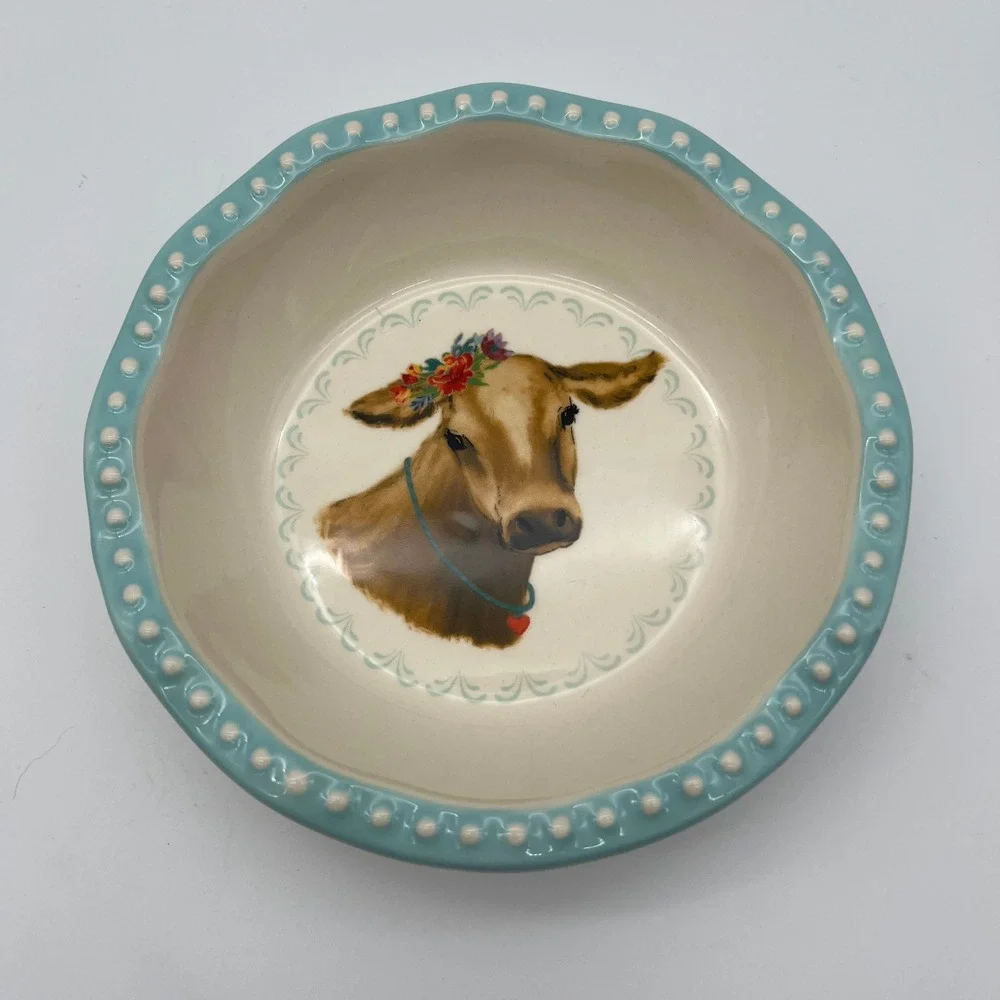 The Pioneer Woman Bowl Teal Cow Gingham Stoneware Farmhouse Decor‎